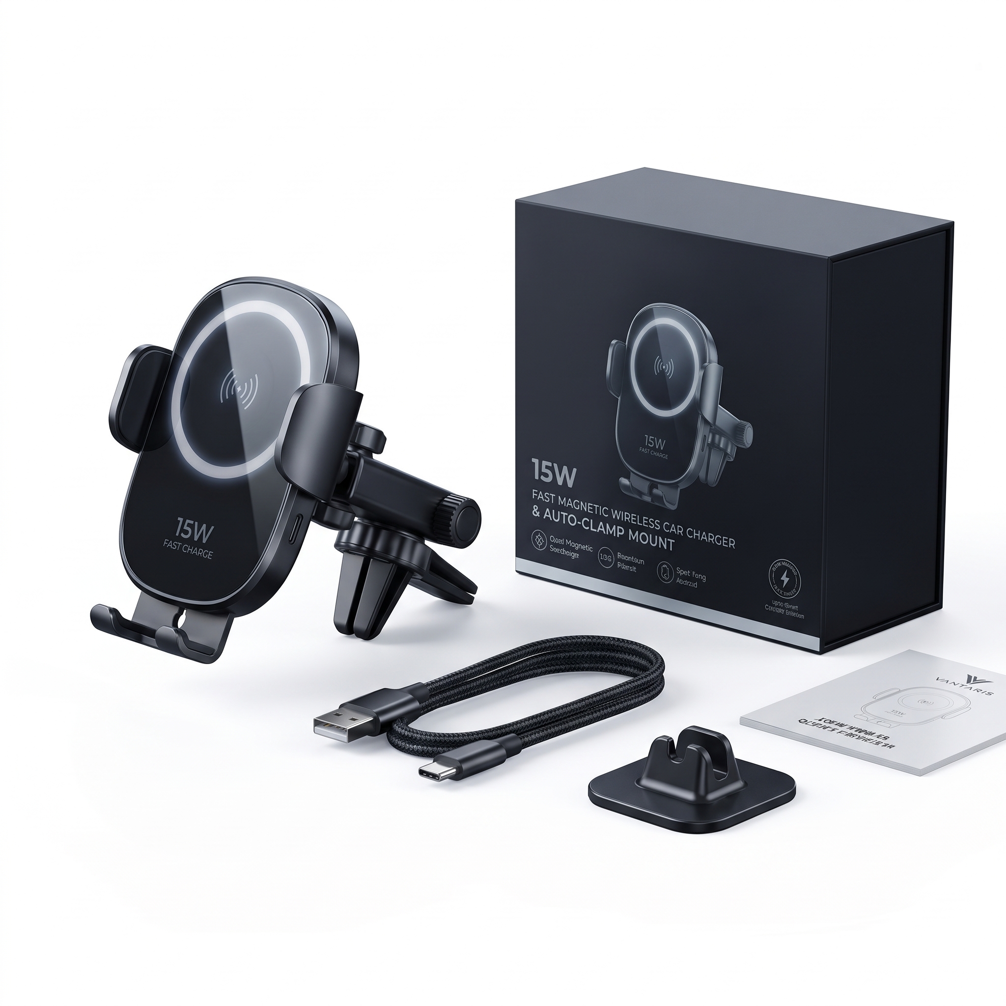 15W Fast Magnetic Wireless Car Charger & Auto-Clamp Mount — product photo